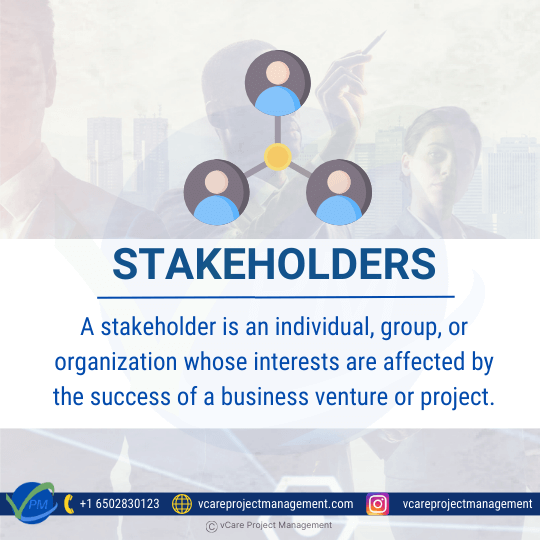 A stakeholder is an individual, group, or organization whose interests are affected by the success of a business venture or project.