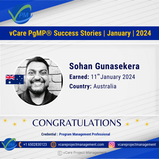 Celebrate Sohan Gunasekera's PMI-PgMP® certification success with vCare Project Management. Join the elite group of global PgMP® holders supported by vCare and inspire others to reach their goals!