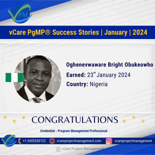 Oghenevwaware Bright Obukeowho has achieved his PgMP® Certification, joining a select group of 5,350 active professionals worldwide. vCare's contribution of 500 PgMP®s across 54 countries highlights our commitment. Looking to start or advance your career in program management? Trust us, the premier PgMP® certification training provider, for your learning journey.