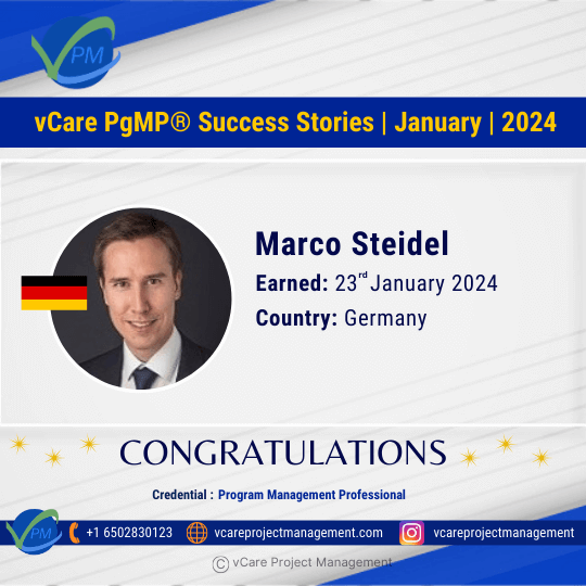 Celebrate Marco Steidel's PMI-PgMP® certification success with vCare Project Management. Join the elite group of global PgMP® holders supported by vCare and inspire others to reach their goals!
