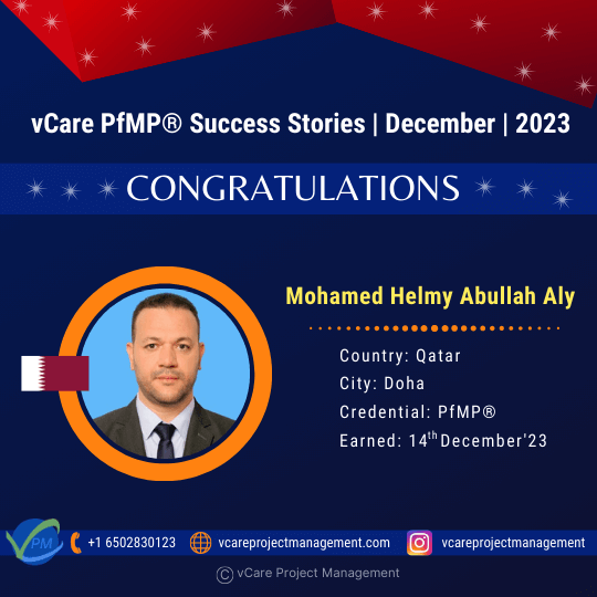 Celebrate Mohamed Helmy Abullah Aly's PMI-PfMP® certification success with vCare Project Management. Join the elite group of global PfMP® holders supported by vCare and inspire others to reach their goals!