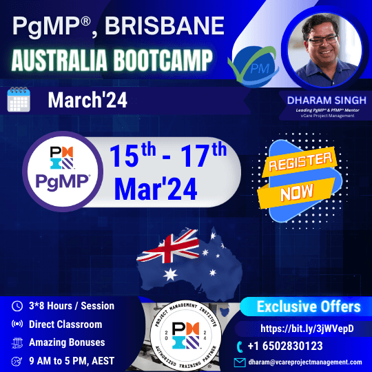 Join the exclusive PgMP Bootcamp in Brisbane, led by Dharam Singh. Enhance your project management skills with personalized learning. Special discounts available for PMI Brisbane Chapter members. Secure your spot today!