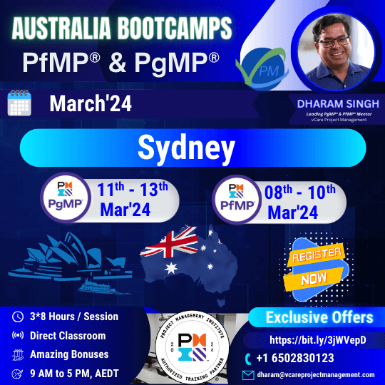 Join our exclusive PfMP and PgMP Bootcamp in Sydney with mentor Dharam Singh. Enhance your project, program, and portfolio management skills. PMI Sydney Chapter members get special discounts. Secure your spot today!