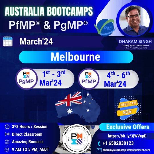 Join our exclusive PfMP and PgMP Bootcamp in Melbourne with mentor Dharam Singh. Enhance your project, program, and portfolio management skills. PMI Melbourne Chapter members get special discounts. Secure your spot today!