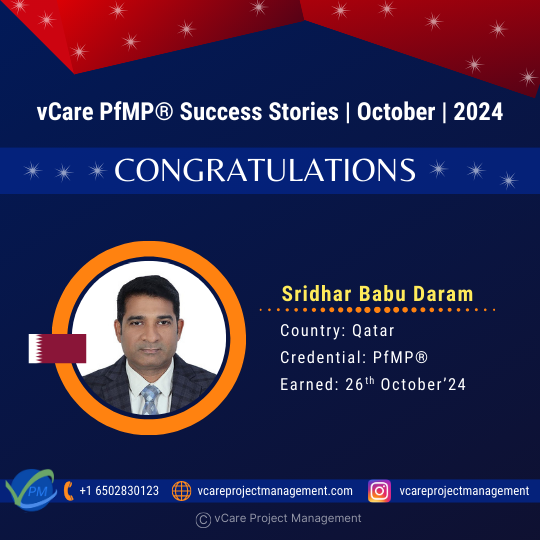 Sridhar Daram successfully achieves PfMP certification, marking a significant milestone in portfolio management with vCare Project Management.