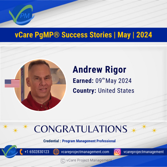 Andrew Rigor celebrating his PgMP certification achievement with vCare Project Management.
