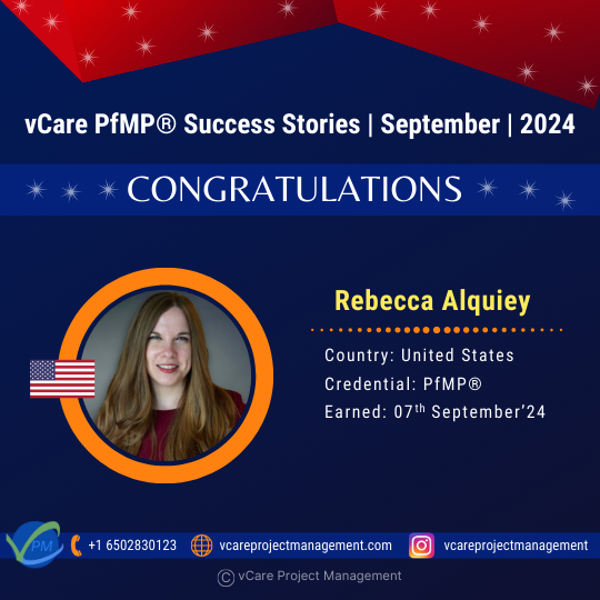 Congratulations to Becky Alquiey for achieving her prestigious PfMP Certification with the help of vCare! Join an elite group of professionals in portfolio management and advance your career with our trusted training.