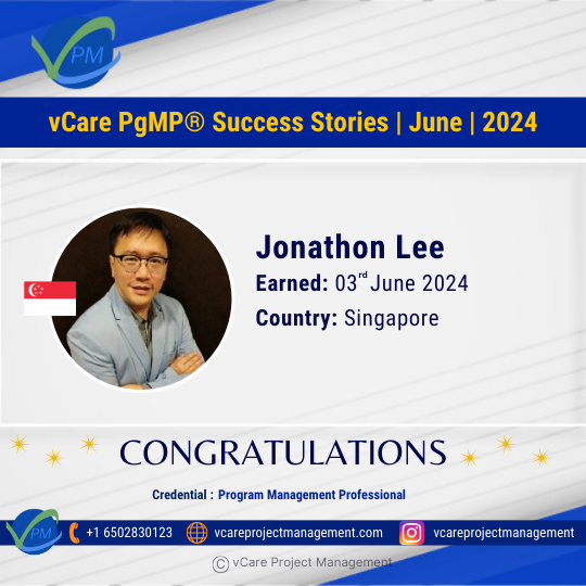 Jonathon Lee achieves PgMP certification with vCare Project Management, joining an elite group of certified program managers.