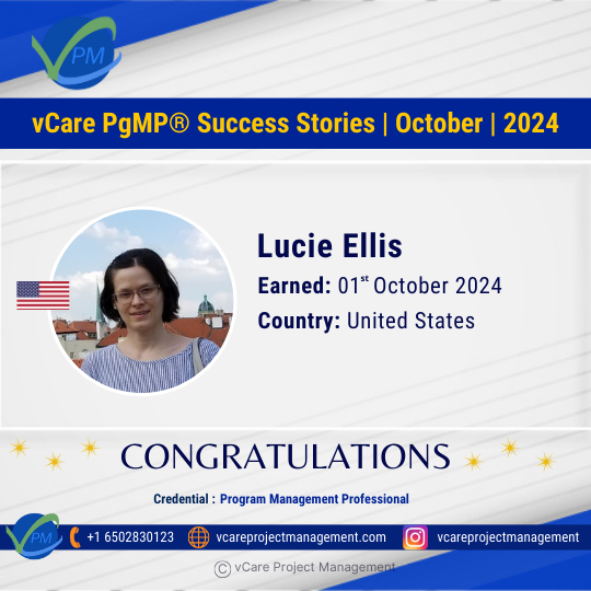 Congratulations to Lucie Ellis for achieving her prestigious PgMP Certification with the help of vCare! Join an elite group of professionals in program management and advance your career with our trusted training.