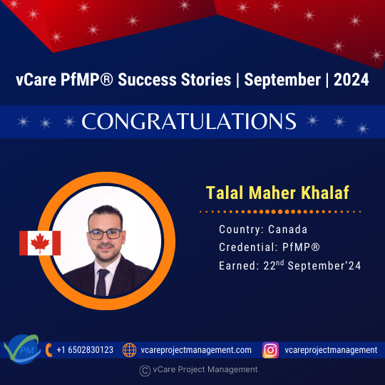 Celebrating Talal Maher Khalaf’s PfMP Success – vCare’s 147th Certified PfMP Professional!
