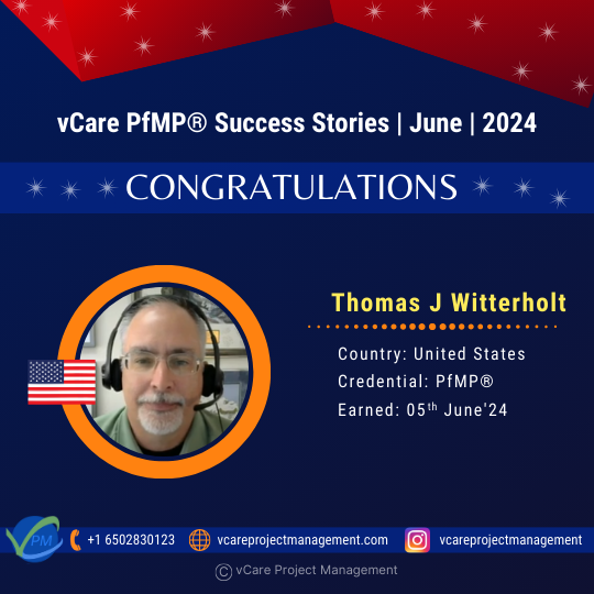 Tom Witterholt achieves PfMP certification with vCare Project Management.