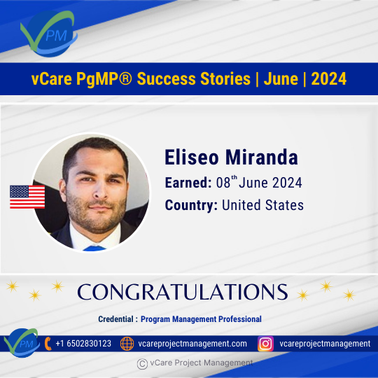 Eli Miranda celebrating his PgMP certification achievement with vCare Project Management.