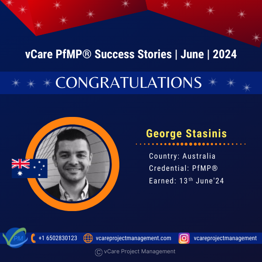 George Stasinis celebrates his PfMP certification success with vCare Project Management.
