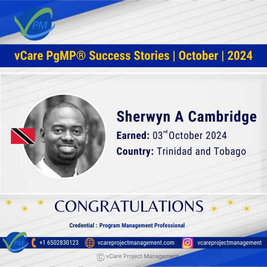 Join us in celebrating Sherwyn Cambridge’s PgMP certification success! Explore program management training and certification opportunities with vCare Project Management.