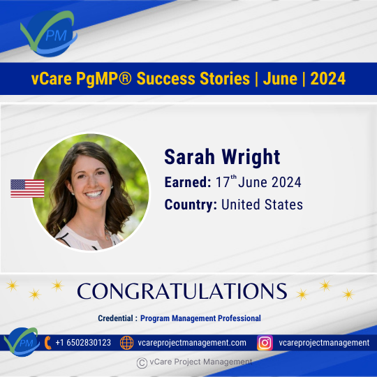 Sarah Wright earns PgMP certification with vCare Project Management, joining 513 global PgMP achievers.