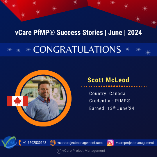 Scott McLeod celebrates his achievement of the PfMP certification with vCare Project Management.