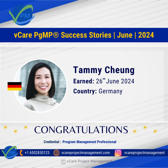 Tammy Cheung celebrates her PgMP certification success with vCare Project Management’s expert training.