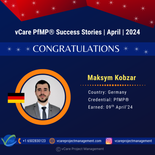 Maksym Kobzar celebrates his PfMP certification success with vCare Project Management.