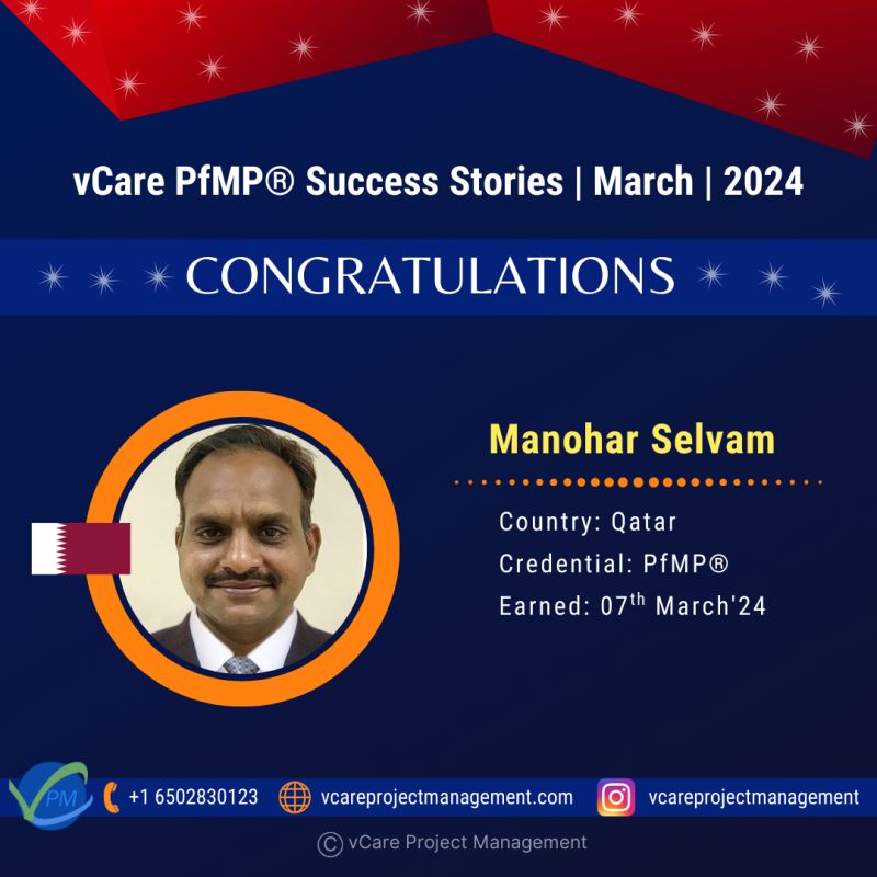 Manohar Selvam achieves PfMP® Certification with vCare Project Management, marking a global milestone in portfolio management.