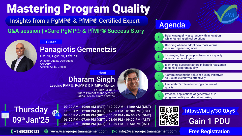 Join vCare's webinar with PgMP-certified Panagiotis Gemenetzis to explore mastering program quality. Gain insights on innovation, leadership, and quality assurance.