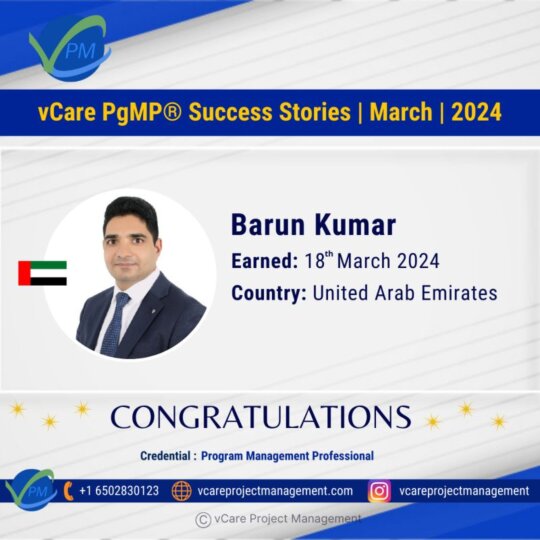 Barun Kumar achieves PgMP® Certification with vCare Project Management, marking a global milestone in program management.