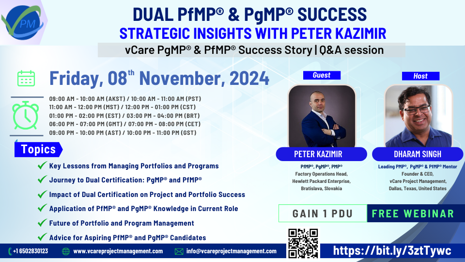 Peter Kazimir achieves dual PfMP and PgMP certifications with vCare Project Management.