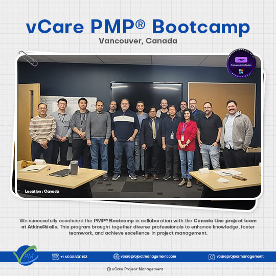 vCare Project Management successfully hosted a PMP Bootcamp in collaboration with the Canada Line project team at AtkinsRealis. This program empowered professionals to enhance their project management skills, fostering teamwork and aligning with PMI certifications. vCare continues to offer expert training, consulting, and advisory services for career growth.
