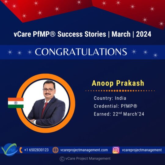 Dr. Anoop Prakash MRICS celebrating his PfMP certification achievement with vCare Project Management.