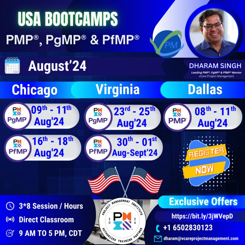 PMP, PgMP, and PfMP Bootcamp participants in a training session led by Dharam Singh in the USA.