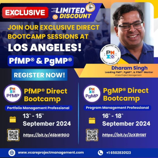 Join Dharam Singh in Los Angeles for intensive PfMP and PgMP Bootcamps before PMI Global Conference 2024.