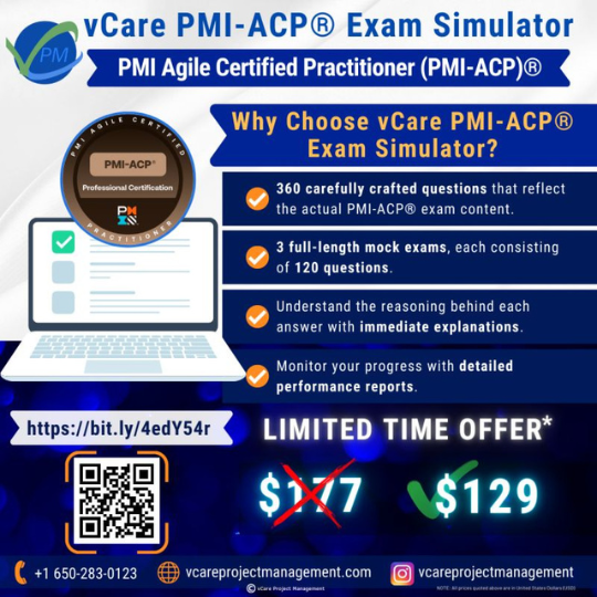 vCare PMI-ACP® Exam Simulator with 360+ practice questions, mock exams, and in-depth explanations for Agile certification success.
