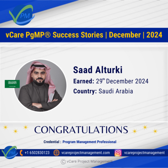Saad Alturki celebrating PgMP certification success with vCare Project Management mentoring.
