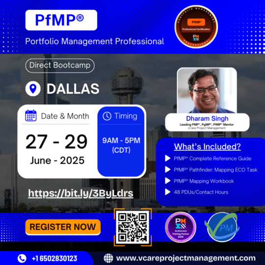 PfMP Bootcamp Dallas 2025 banner featuring session dates, location, mentor details, and certification resources.