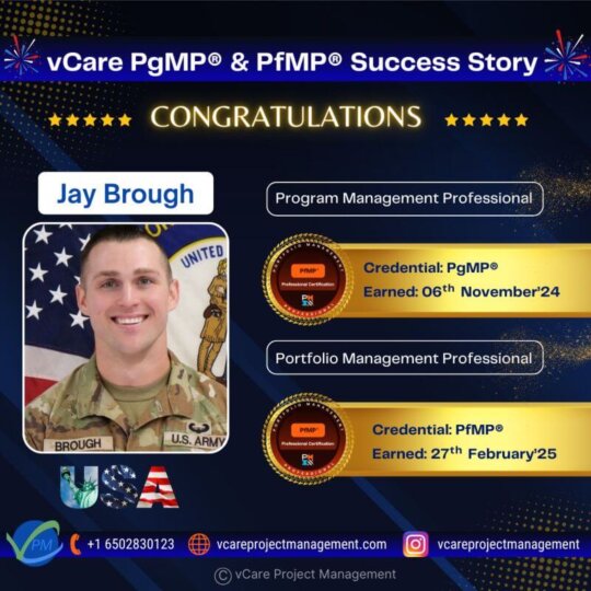 Jay Brough proudly holding his PfMP and PgMP credentials, representing dual success through vCare mentorship.