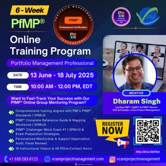 PfMP Online Mentoring 2025 flyer showing session dates, mentor Dharam Singh, training benefits, and registration details.