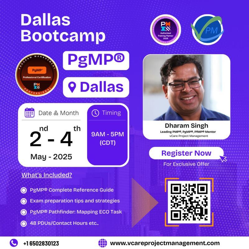 PgMP Bootcamp 2025 poster highlighting Dallas location, May 2–4 dates, mentor Dharam Singh, and certification benefits.