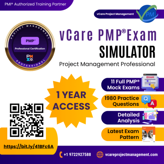 vCare PMP Exam Simulator promo featuring 11 full mock exams and 1,980 practice questions for PMP aspirants.