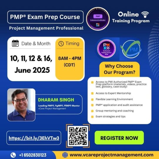 June 2025 PMP Online Bootcamp promo featuring Dharam Singh, expert mentor for PMP, PgMP, and PfMP aspirants.