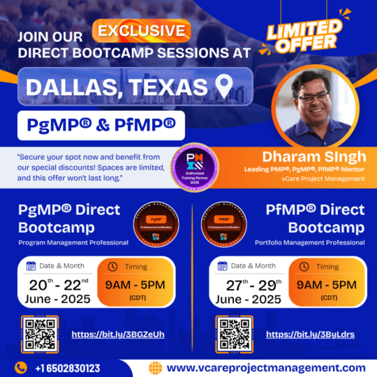 June 2025 PgMP and PfMP in-person certification bootcamps in Dallas led by Dharam Singh, PMI ATP mentor.