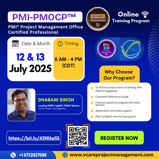 PMI-PMOCP Online Training Poster – July 2025 with Dharam Singh
