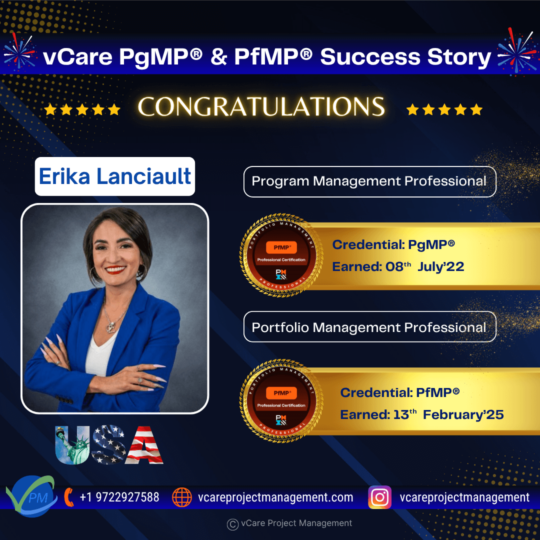 Erika Lanciault earns both PfMP and PgMP certifications—join her live webinar on agile, empathetic digital leadership with vCare Project Management.